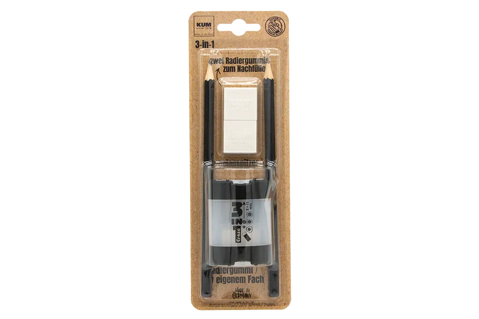 kum-3-in-1-stationery-set-doppelanspitzer-8-mm-11-mm-mit-radierer-2-ersatzradier image 1