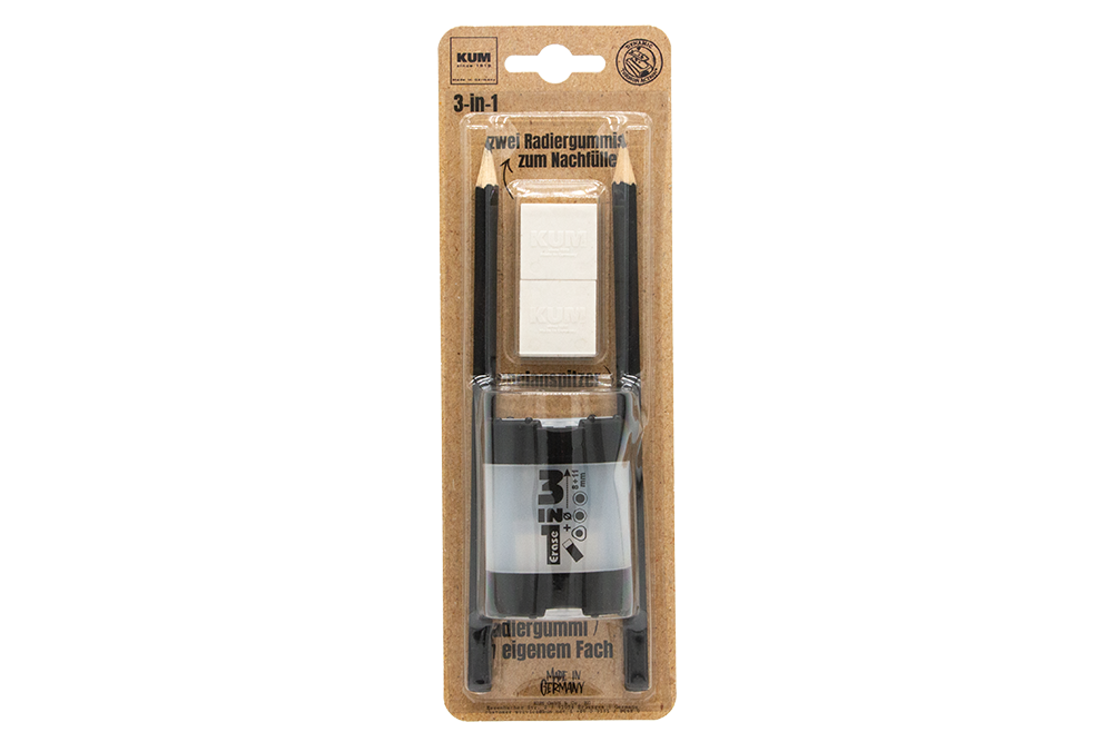 kum-3-in-1-stationery-set-doppelanspitzer-8-mm-11-mm-mit-radierer-2-ersatzradier image 1